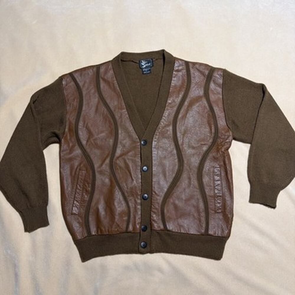 Vintage Alan Stuart Men's Knit Cardigan Sweater Jacket Brown Leather Panel L